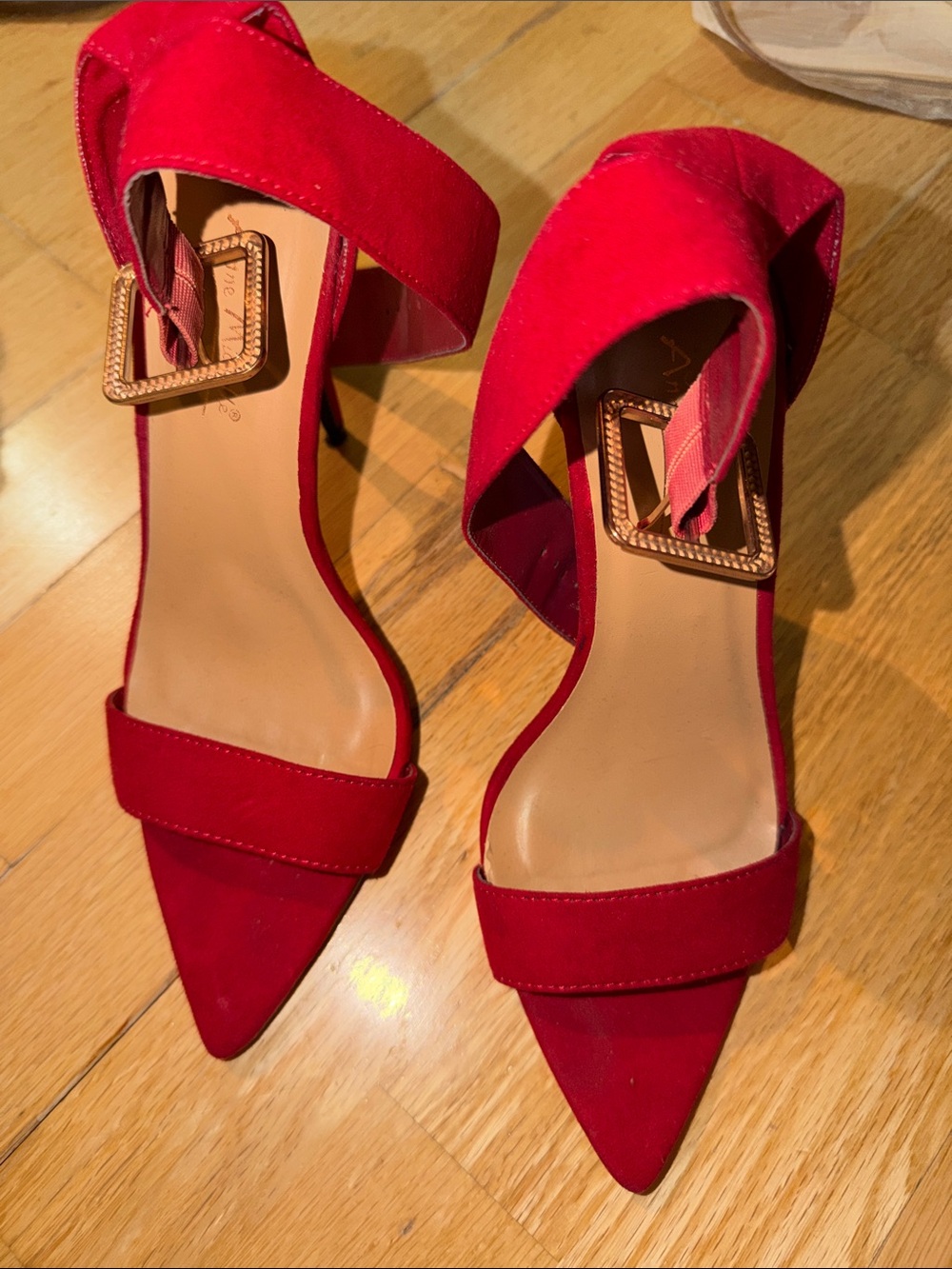 Anne Michelle Red Pointed Toe Ankle Strap Heels with Buckle